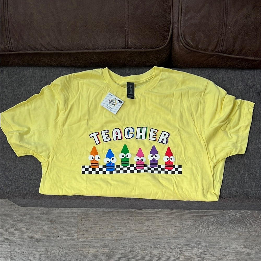 Yellow Women’s Gildan Teacher Shirt with Colorful Crayon Design